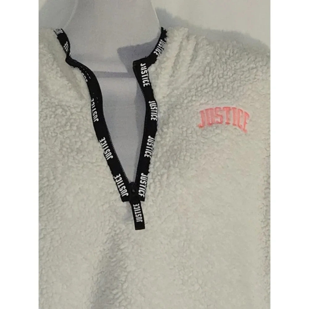 Justice Girls White Sherpa Hoodie w/Black Justice Trim sz 14/16 Kangaroo Pocket